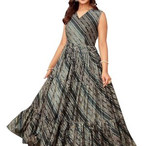 ODD BY chansi TRENDZ Women's Flaired Dress Silk Blend V Neck Printed Sleeveless Midi Length-P